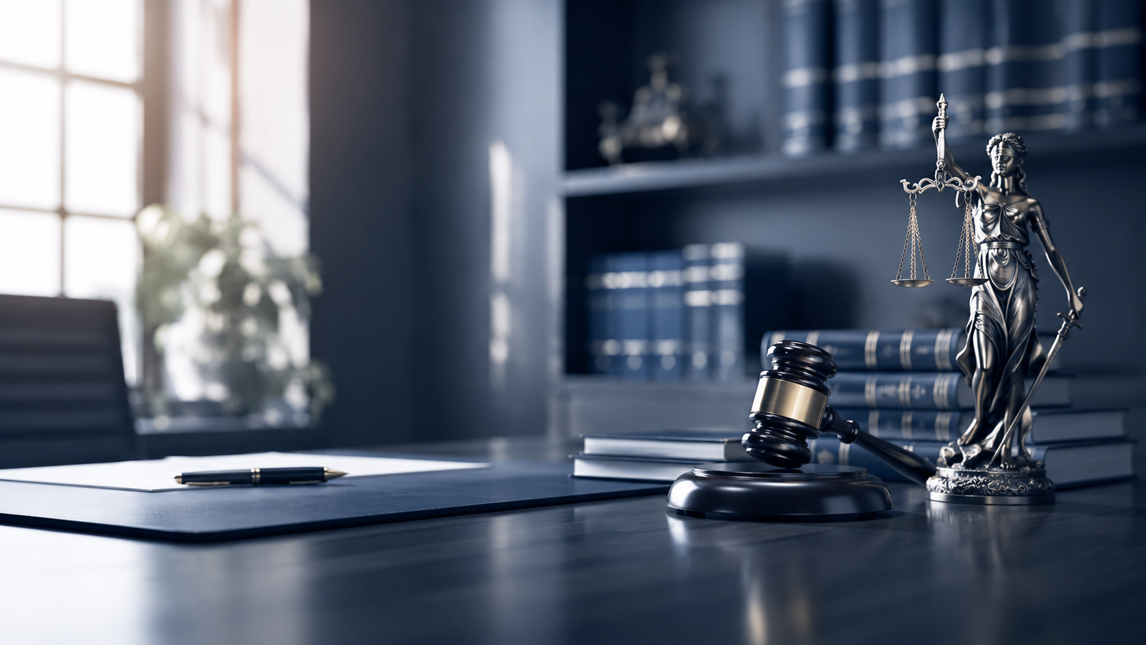 Escritorio de abogado con balanza de la justicia